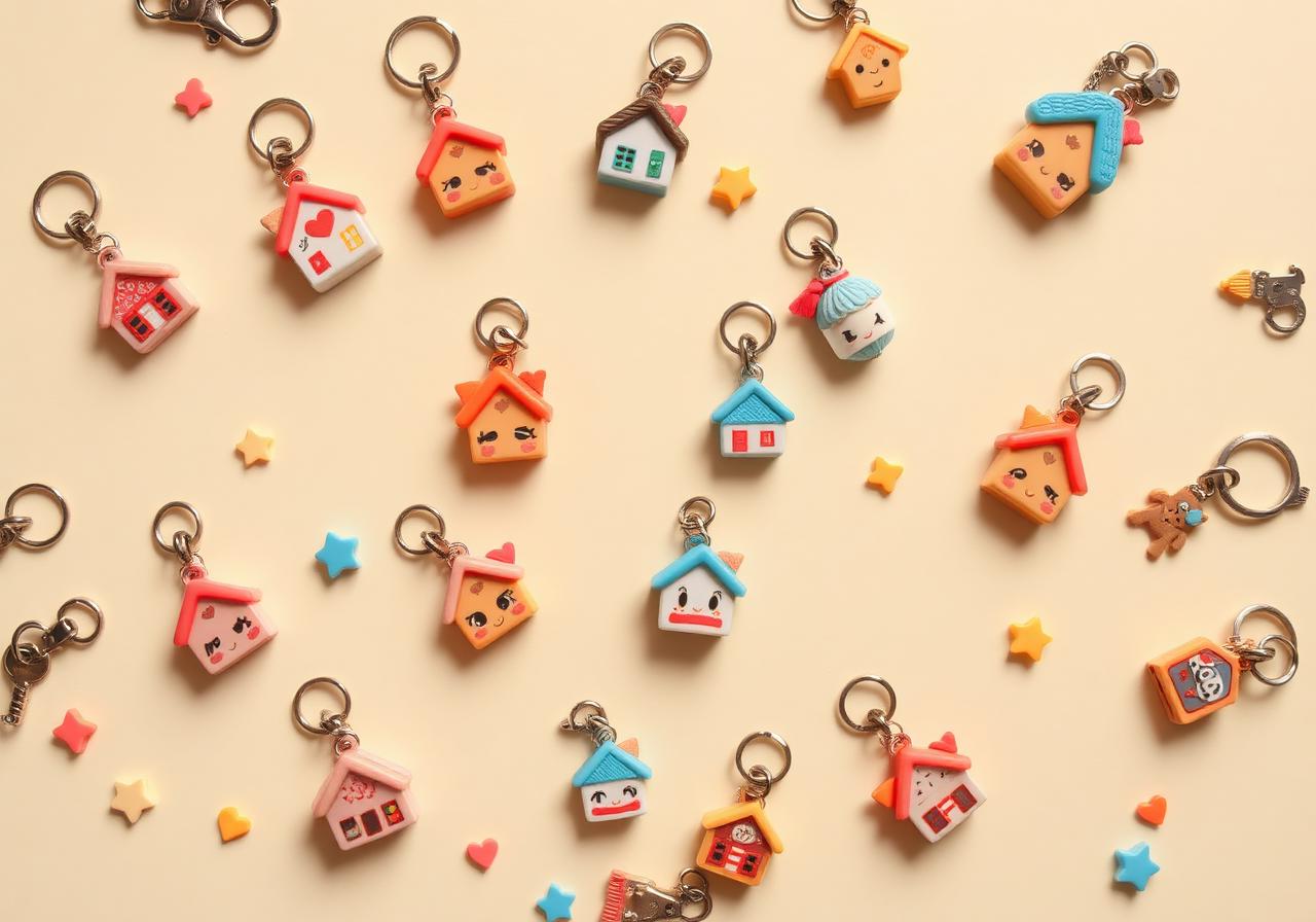 Flat lay of miniature keychains and tiny gifts